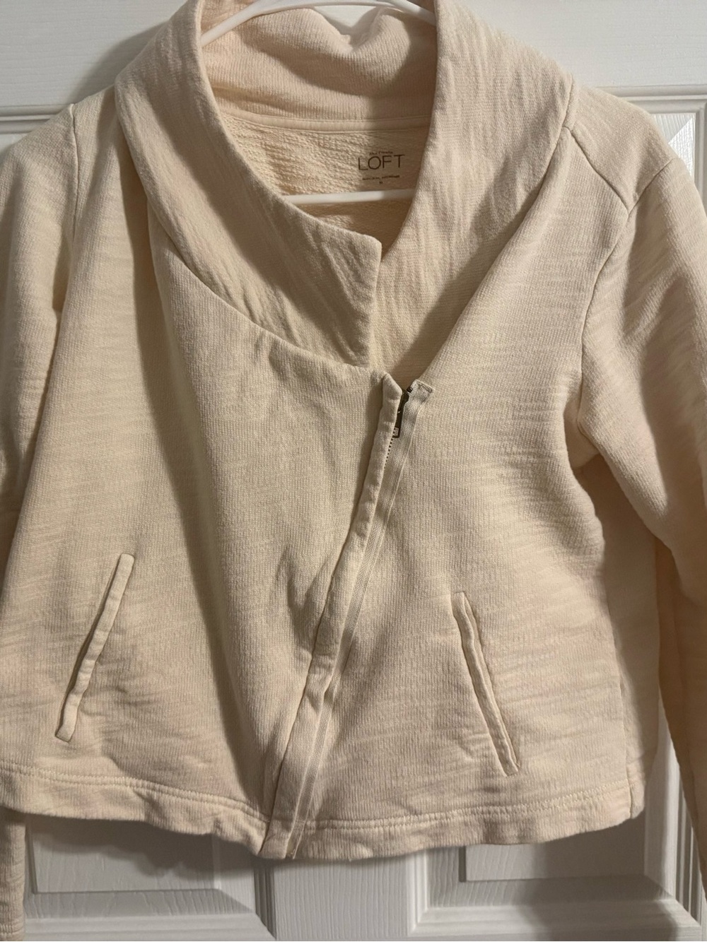 LOFT Cream Asymmetrical Zip Bomber Jacket